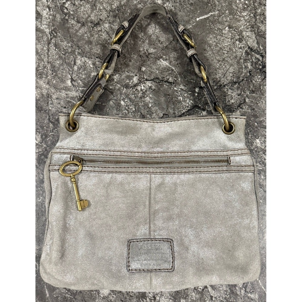 Fossil Archive Vintage Metallic Gray Suede Leather Shoulder Bag Key Charm Purse‎